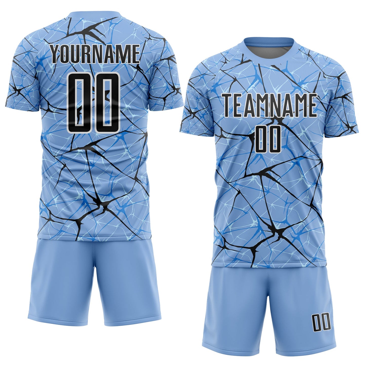 Custom Light Blue Black-White Abstract Network Crackle Sublimation Soccer Uniform Jersey view 2