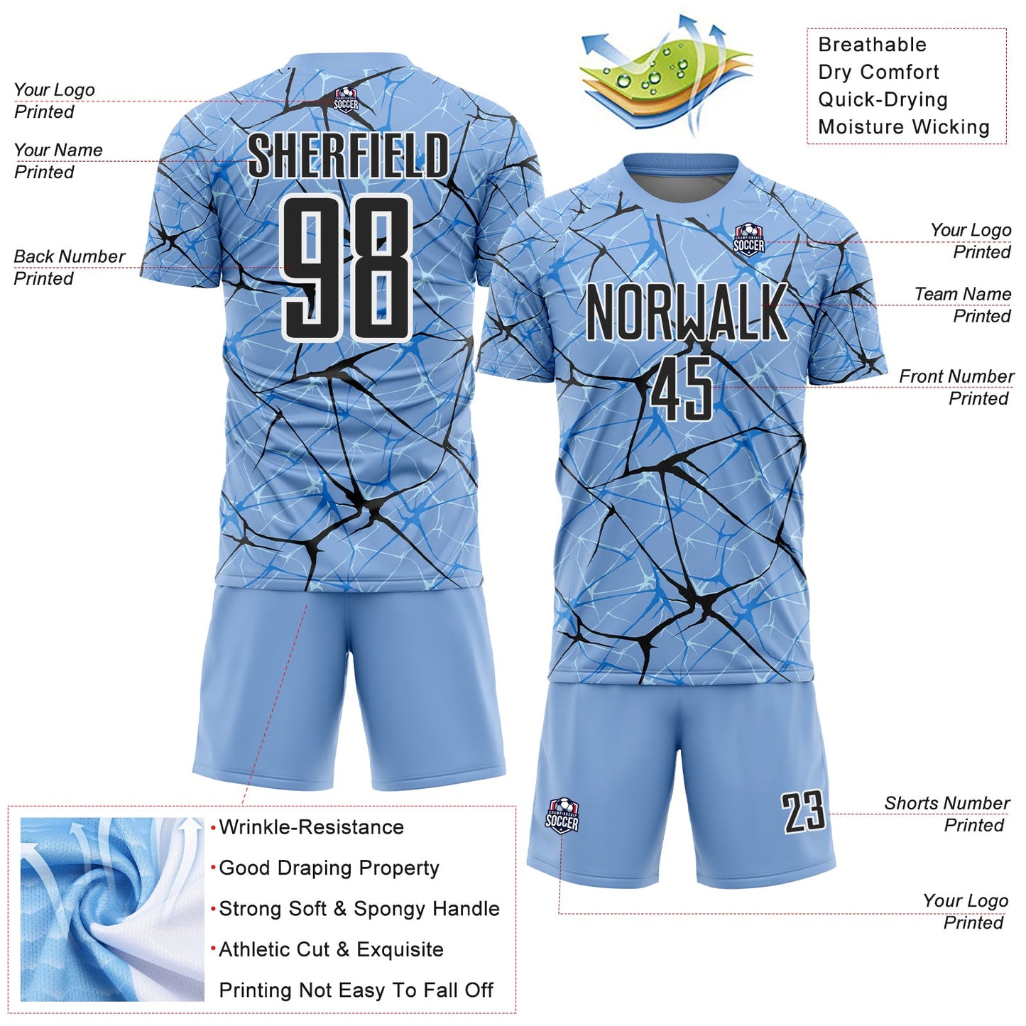 Custom Light Blue Black-White Abstract Network Crackle Sublimation Soccer Uniform Jersey view 4