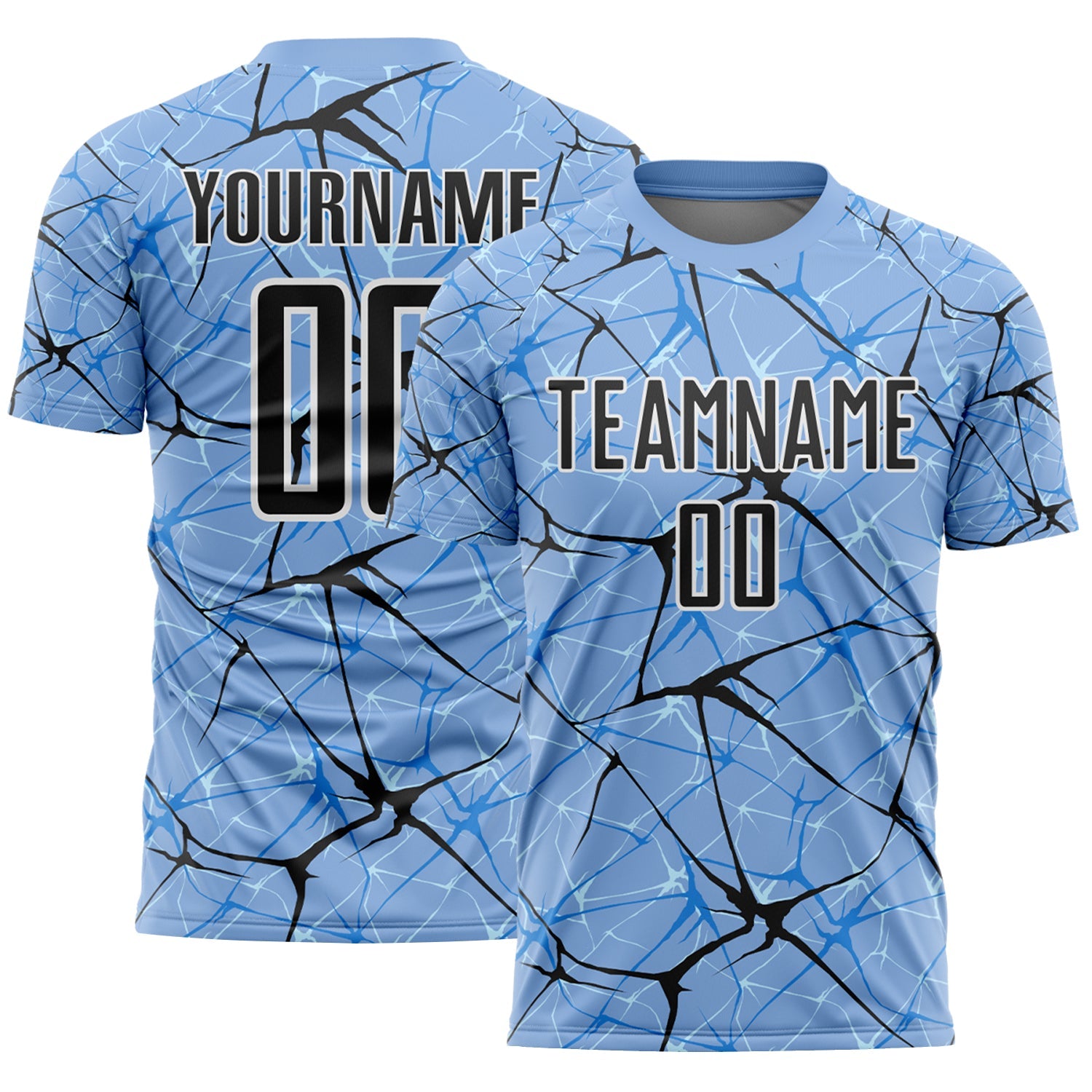Custom Light Blue Black-White Abstract Network Crackle Sublimation Soccer Uniform Jersey - Main View