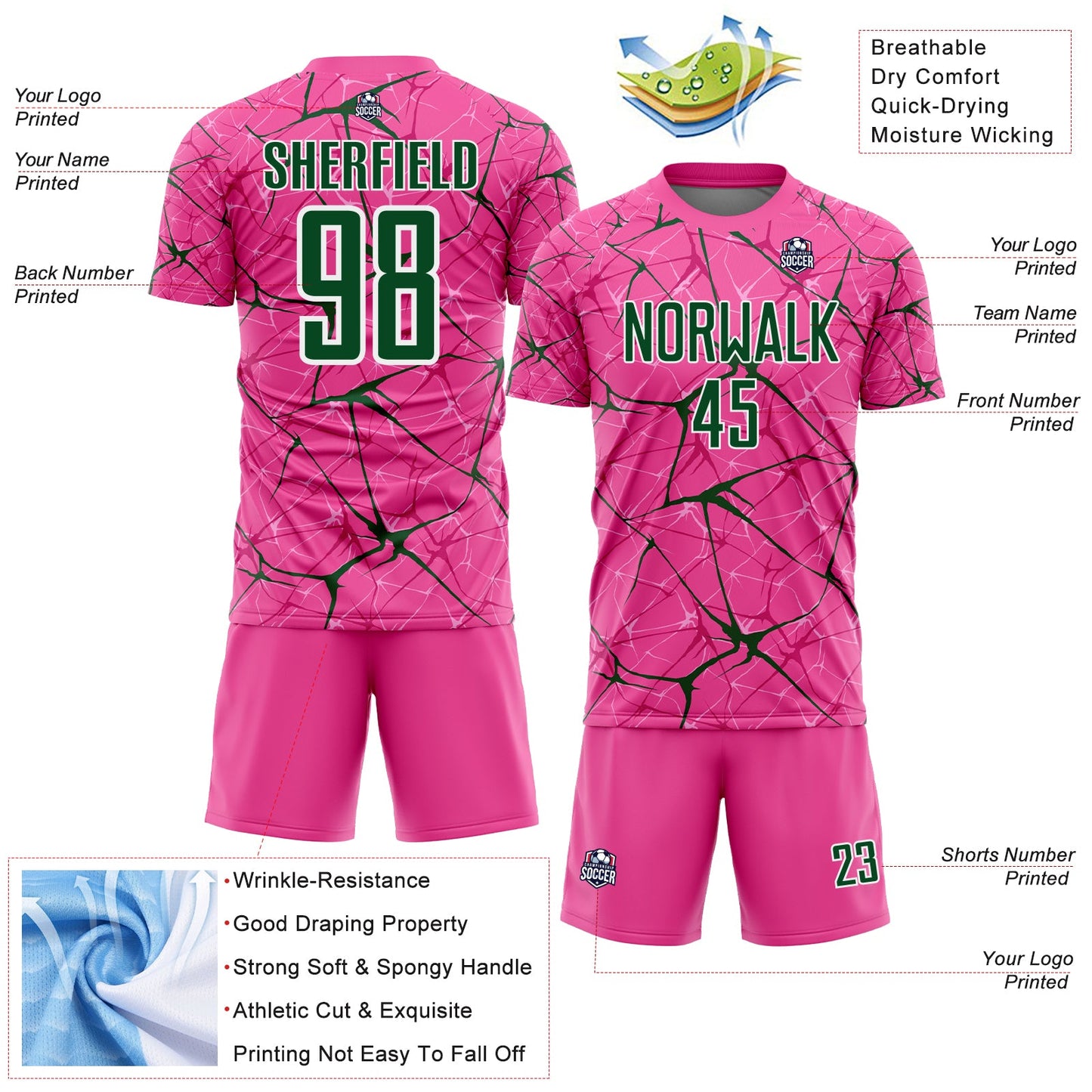 Custom Pink Green-White Abstract Network Crackle Sublimation Soccer Uniform Jersey view 4