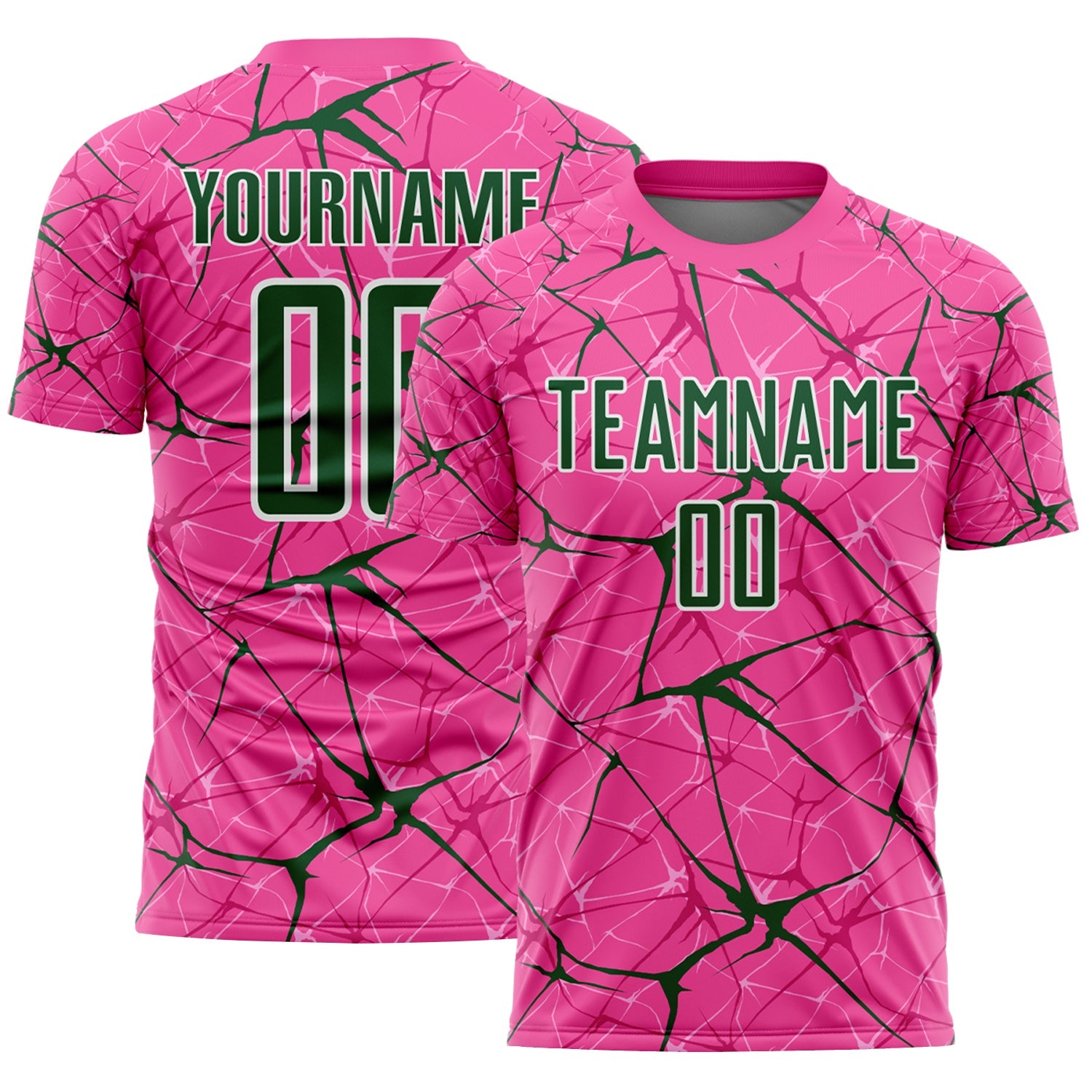 Custom Pink Green-White Abstract Network Crackle Sublimation Soccer Uniform Jersey - Main View