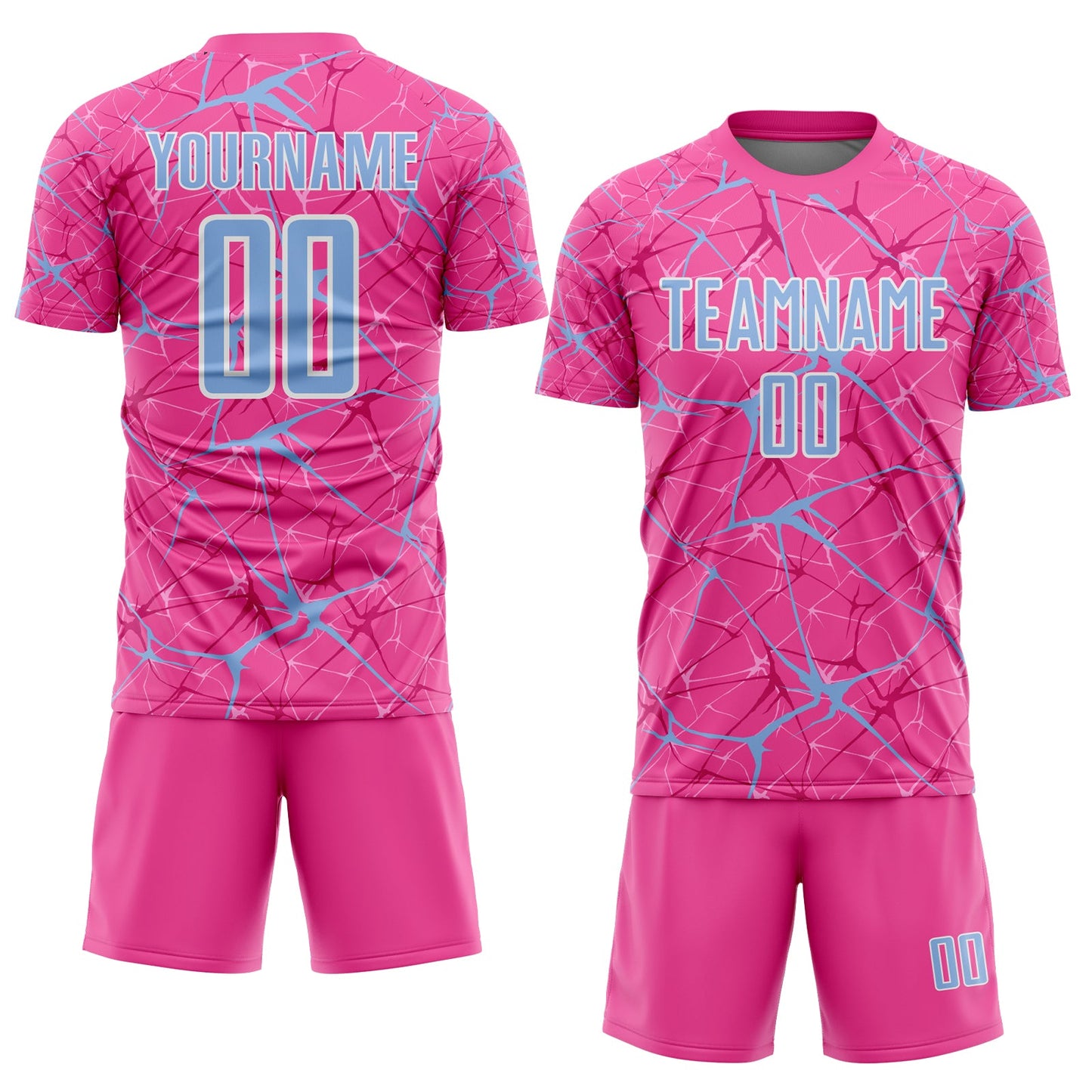 Custom Pink Light Blue-White Abstract Network Crackle Sublimation Soccer Uniform Jersey view 2