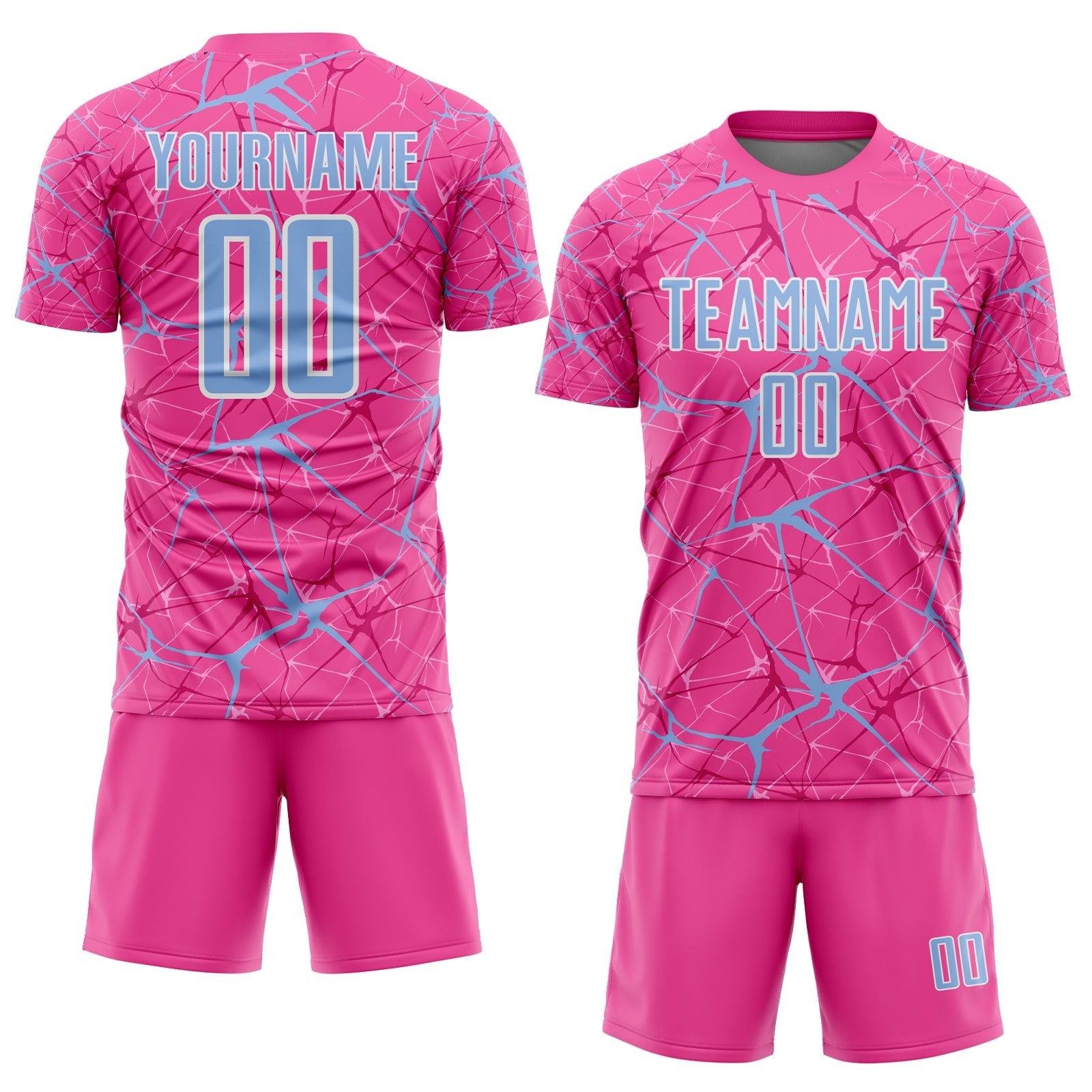 Custom Pink Light Blue-White Abstract Network Crackle Sublimation Soccer Uniform Jersey view 2