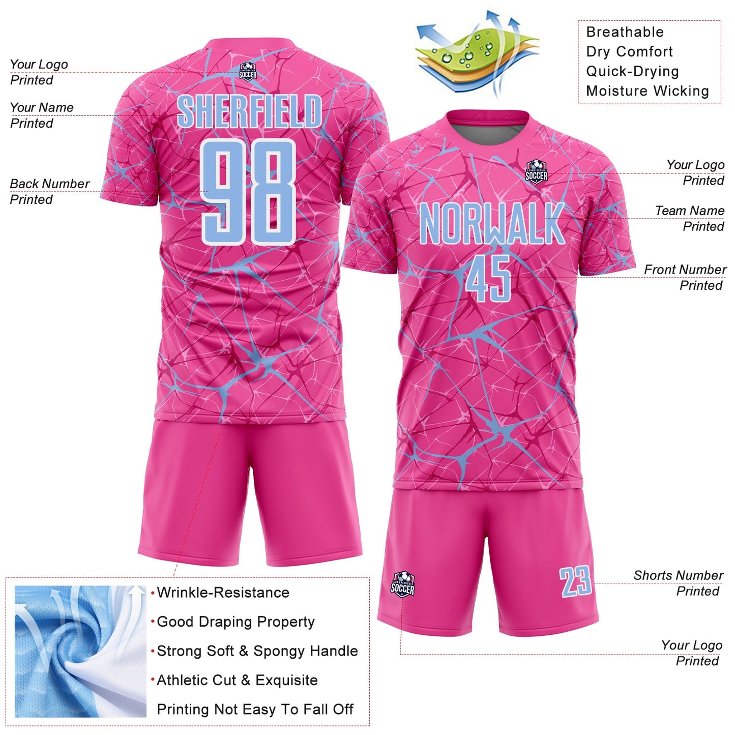 Custom Pink Light Blue-White Abstract Network Crackle Sublimation Soccer Uniform Jersey view 4