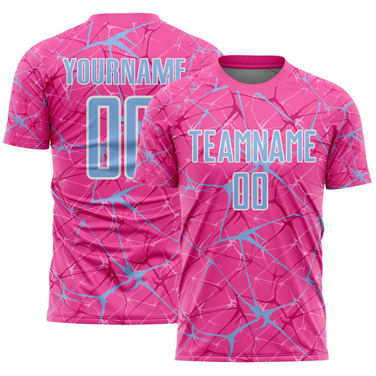 Custom Pink Light Blue-White Abstract Network Crackle Sublimation Soccer Uniform Jersey - Main View