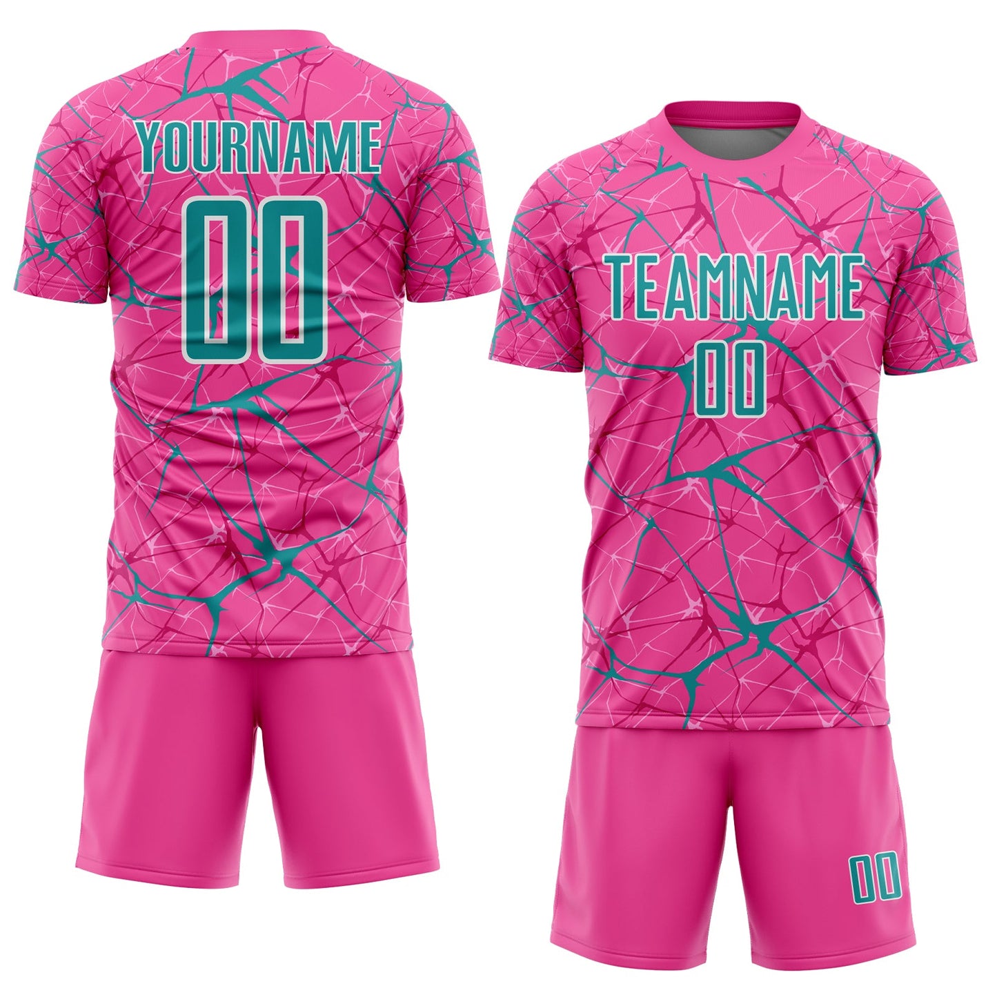Custom Pink Teal-White Abstract Network Crackle Sublimation Soccer Uniform Jersey view 2