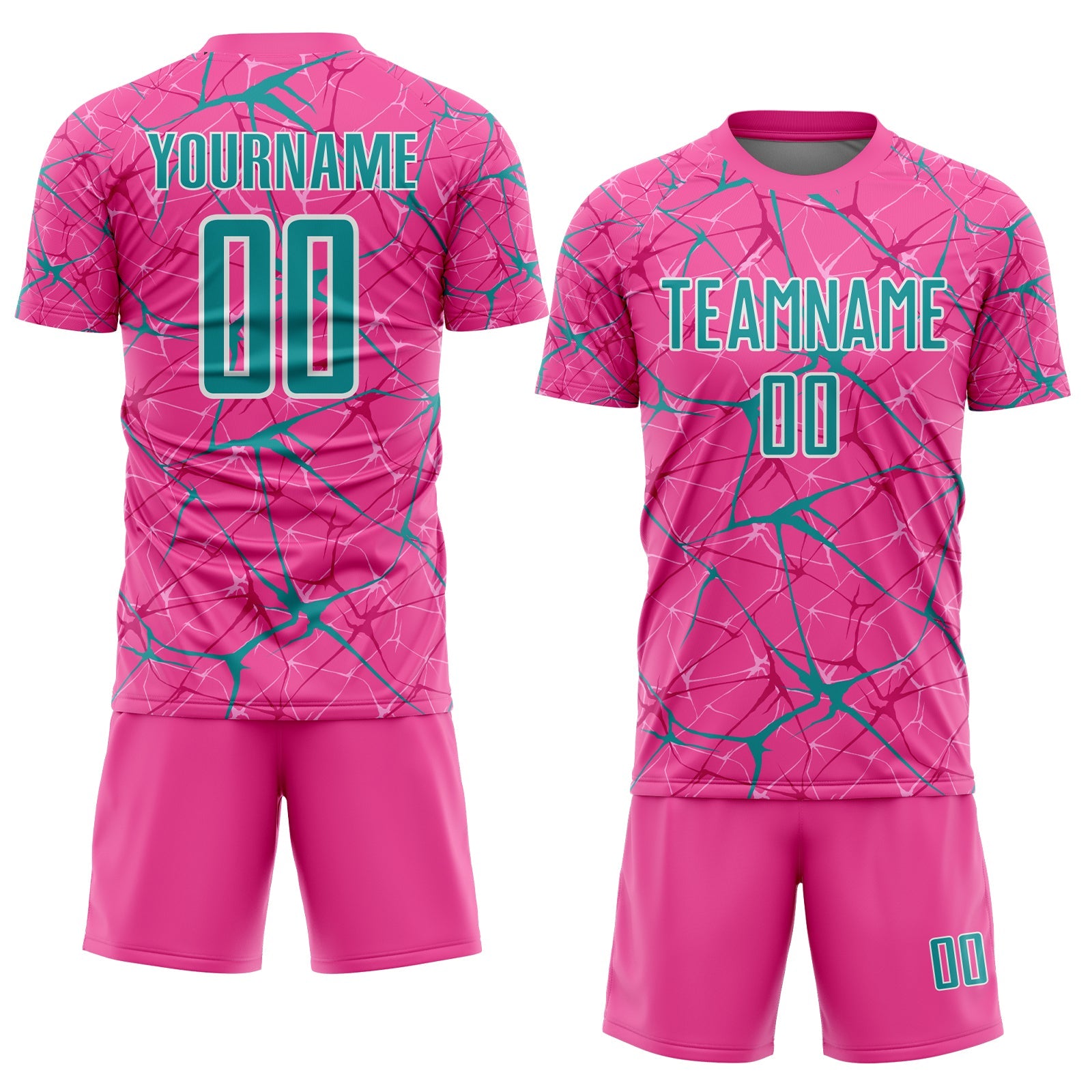 Custom Pink Teal-White Abstract Network Crackle Sublimation Soccer Uniform Jersey view 2