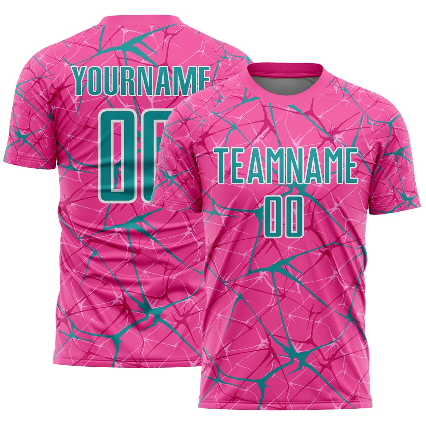 Custom Pink Teal-White Abstract Network Crackle Sublimation Soccer Uniform Jersey - Main View