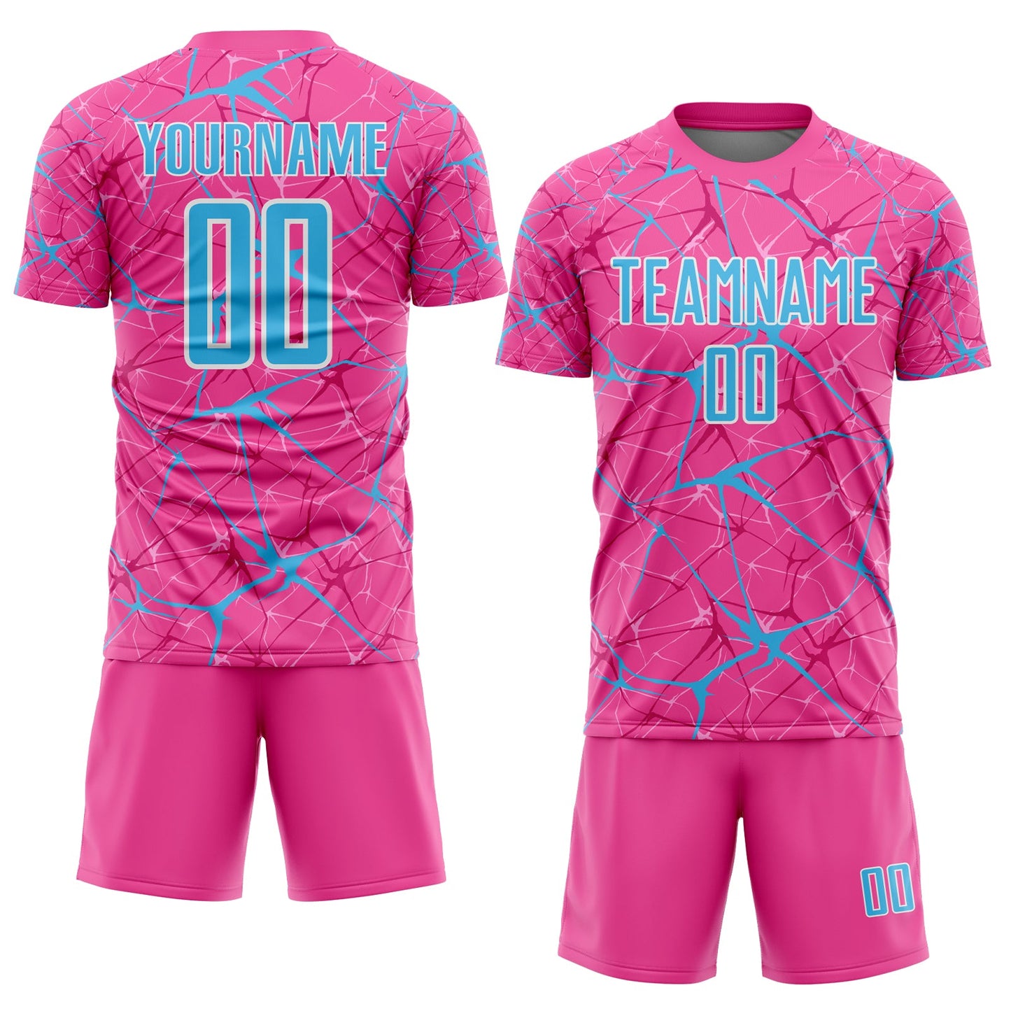 Custom Pink Sky Blue-White Abstract Network Crackle Sublimation Soccer Uniform Jersey view 2
