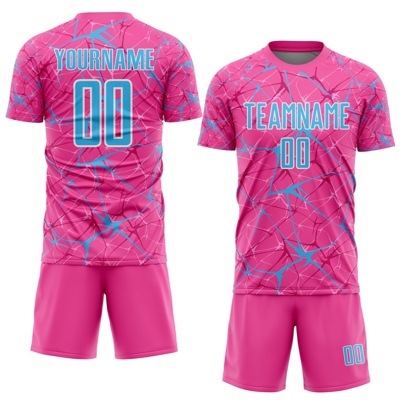 Custom Pink Sky Blue-White Abstract Network Crackle Sublimation Soccer Uniform Jersey view 2
