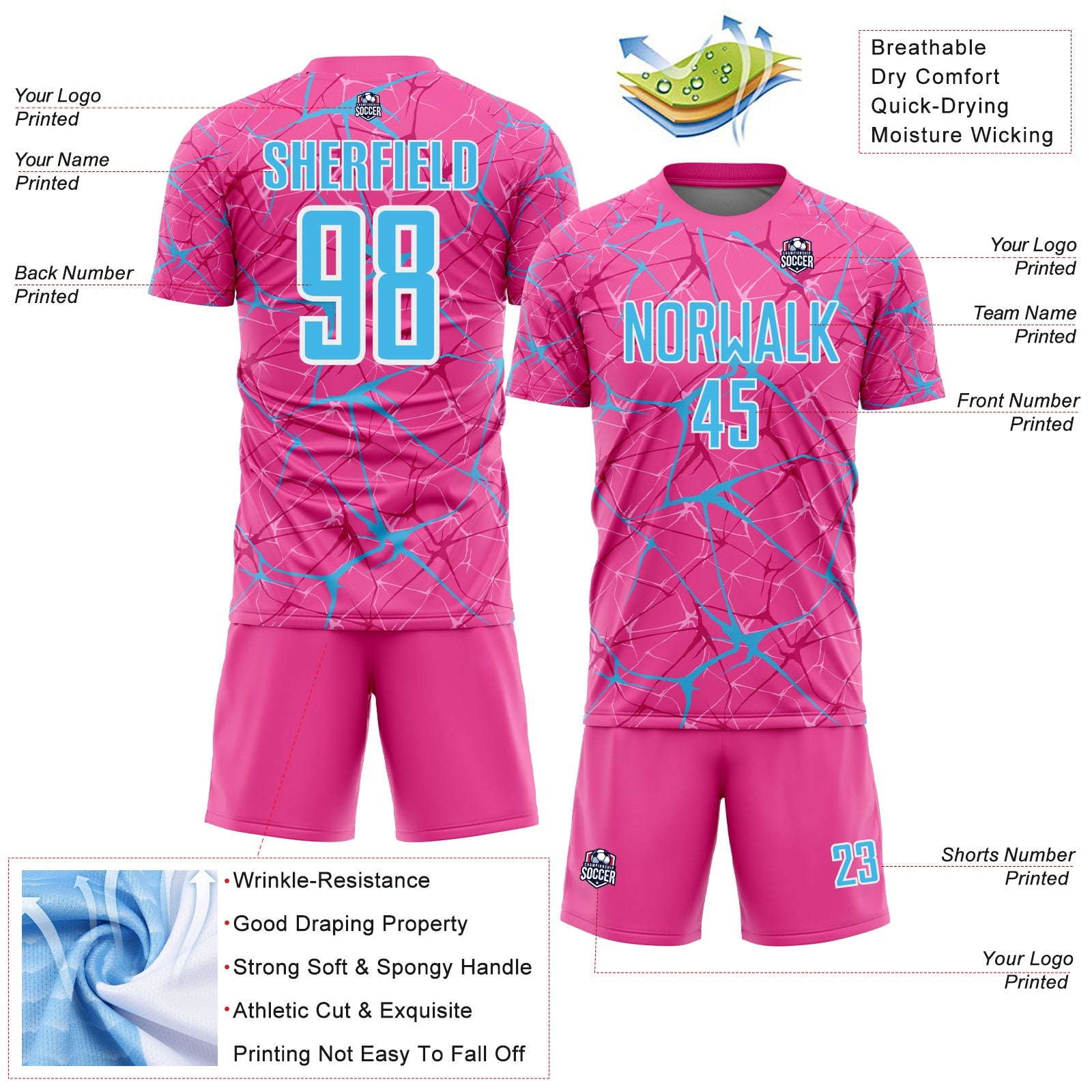 Custom Pink Sky Blue-White Abstract Network Crackle Sublimation Soccer Uniform Jersey view 4