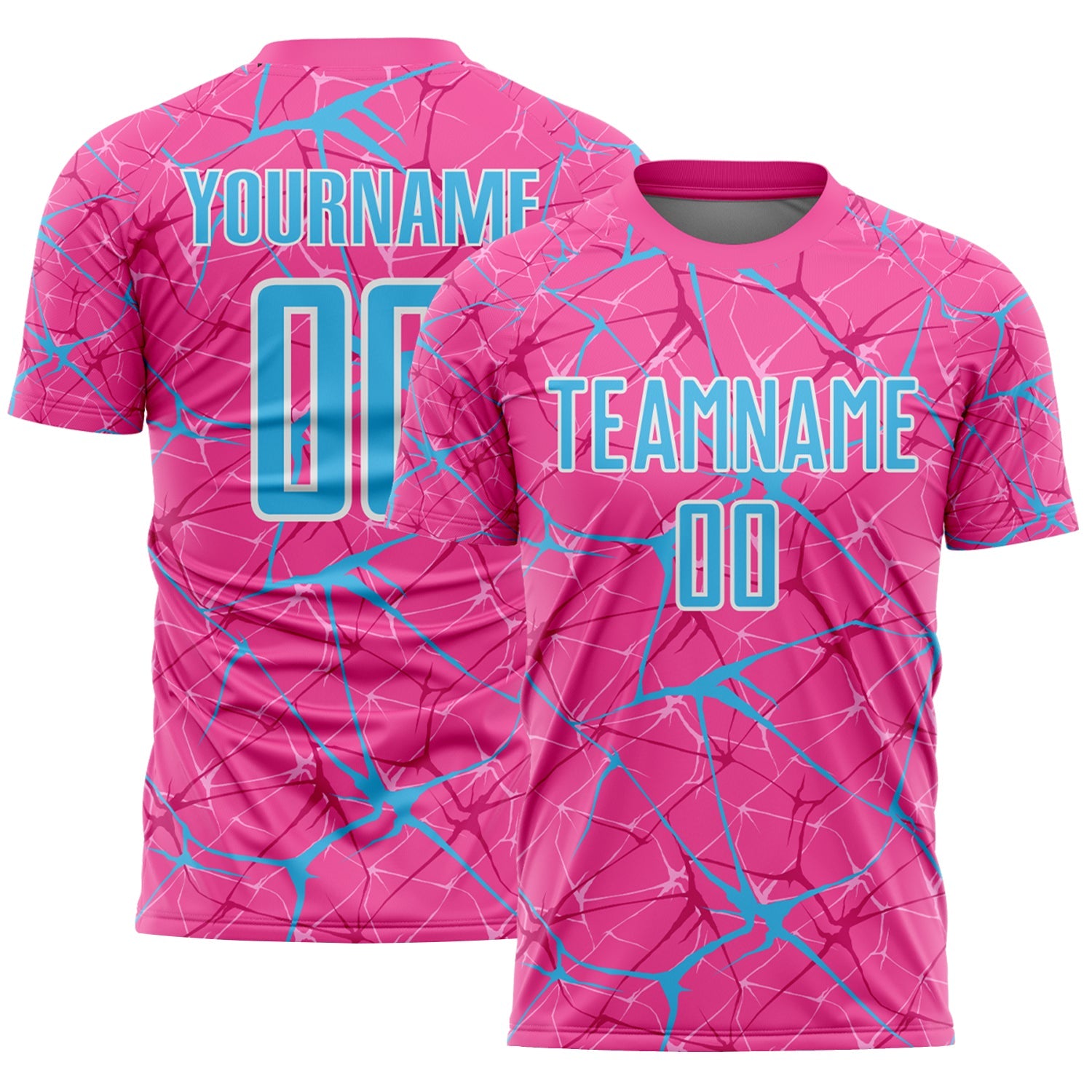Custom Pink Sky Blue-White Abstract Network Crackle Sublimation Soccer Uniform Jersey - Main View