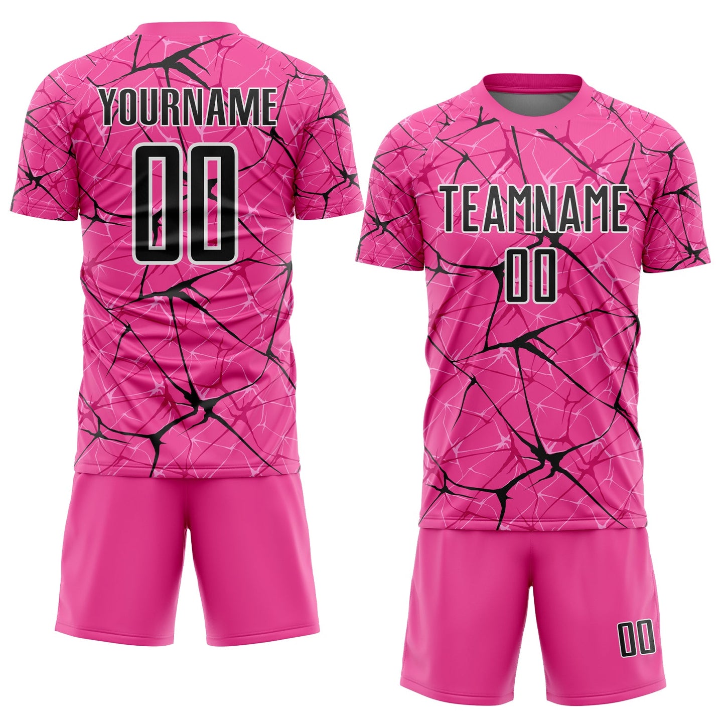 Custom Pink Black-White Abstract Network Crackle Sublimation Soccer Uniform Jersey view 2