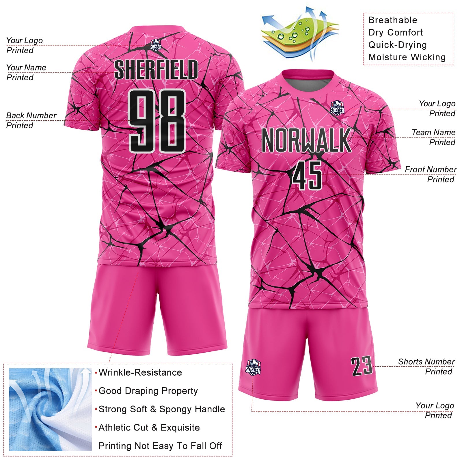 Custom Pink Black-White Abstract Network Crackle Sublimation Soccer Uniform Jersey view 4