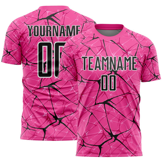 Custom Pink Black-White Abstract Network Crackle Sublimation Soccer Uniform Jersey - Main View