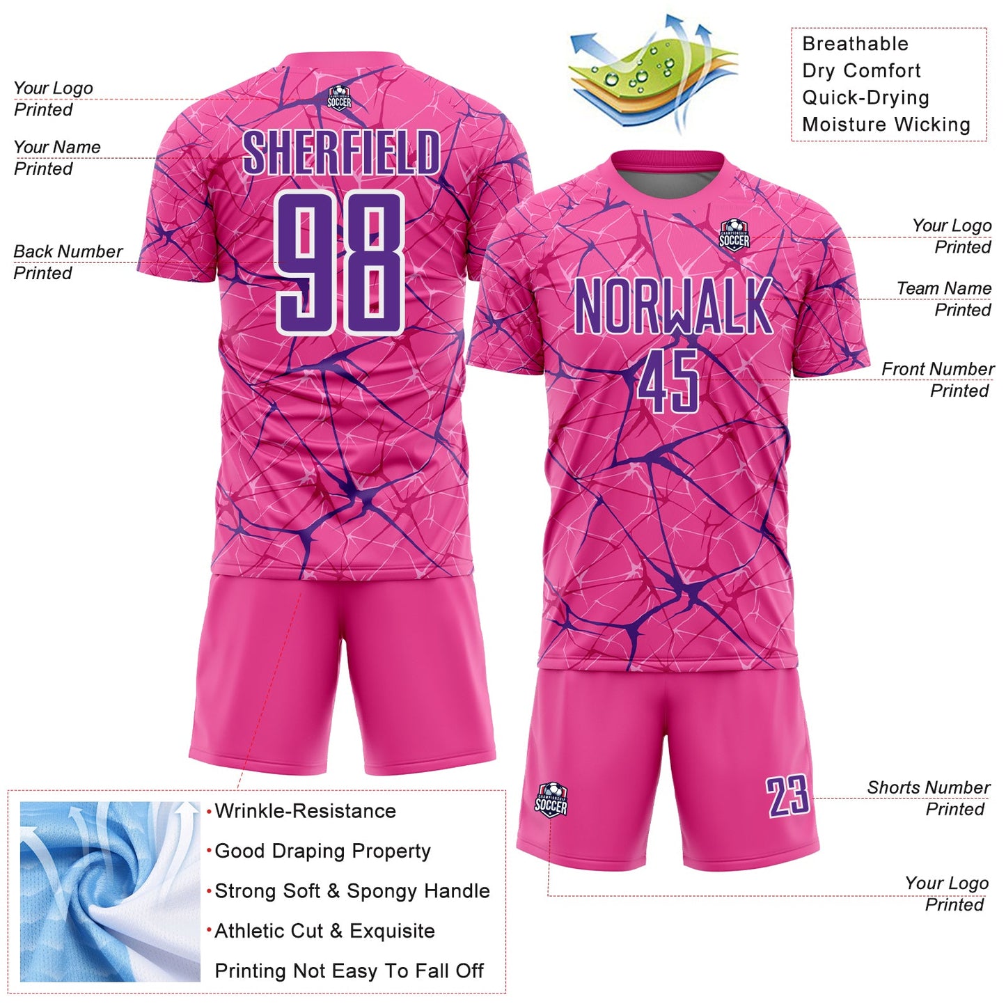Custom Pink Purple-White Abstract Network Crackle Sublimation Soccer Uniform Jersey view 4