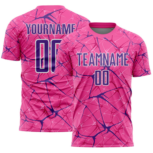 Custom Pink Purple-White Abstract Network Crackle Sublimation Soccer Uniform Jersey - Main View