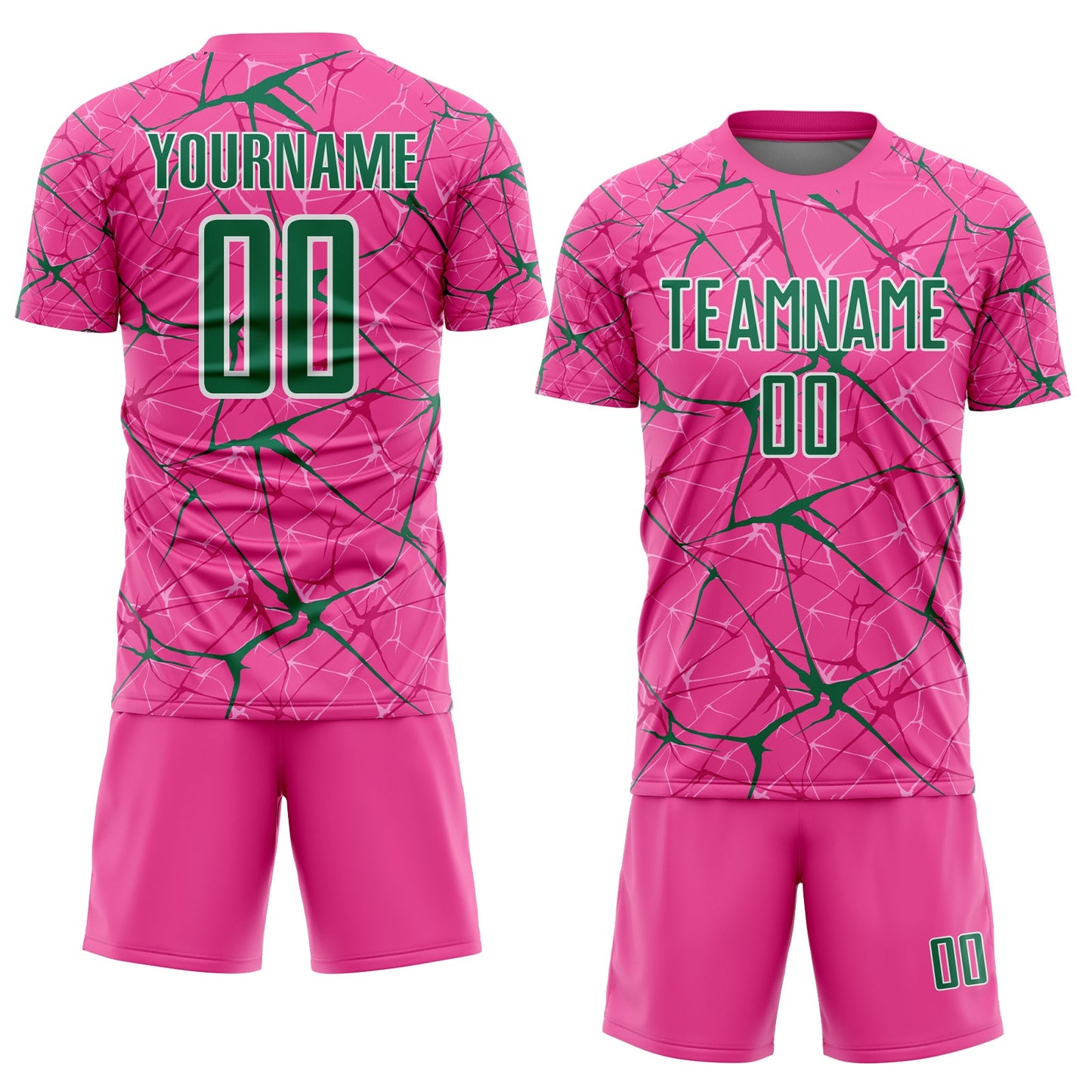 Custom Pink Kelly Green-White Abstract Network Crackle Sublimation Soccer Uniform Jersey view 2