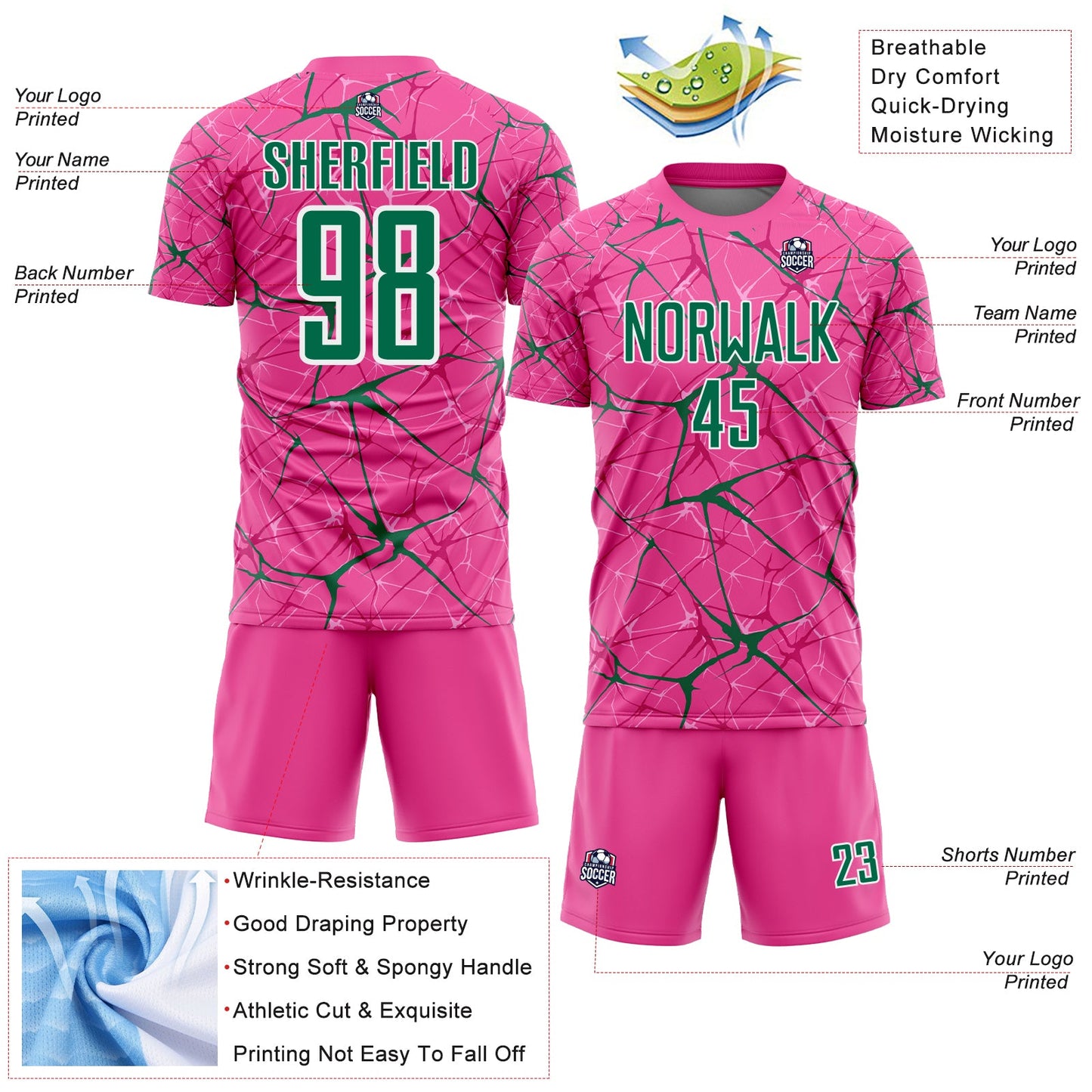 Custom Pink Kelly Green-White Abstract Network Crackle Sublimation Soccer Uniform Jersey view 4