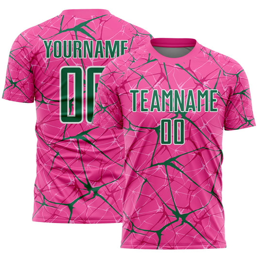 Custom Pink Kelly Green-White Abstract Network Crackle Sublimation Soccer Uniform Jersey - Main View