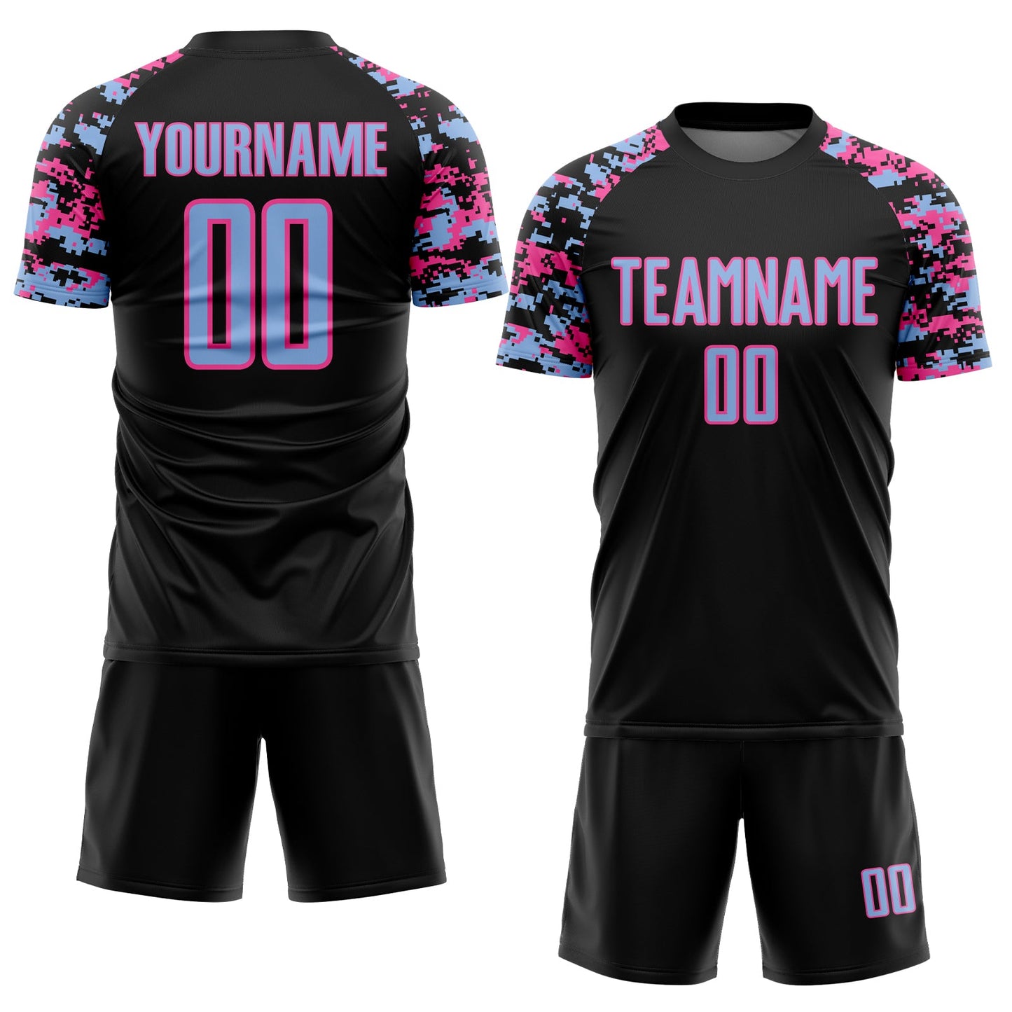 Custom Black Light Blue-Pink Digital Camo Raglan Sleeves Sublimation Soccer Uniform Jersey view 2