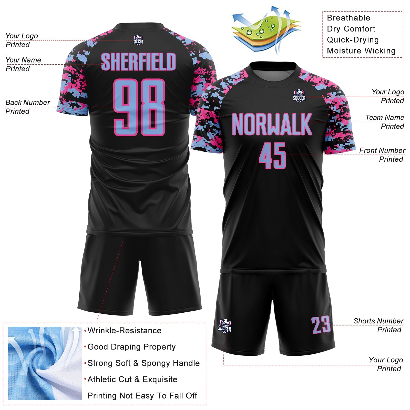 Custom Black Light Blue-Pink Digital Camo Raglan Sleeves Sublimation Soccer Uniform Jersey view 4