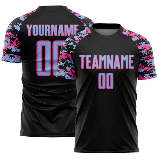 Custom Black Light Blue-Pink Digital Camo Raglan Sleeves Sublimation Soccer Uniform Jersey - Main View