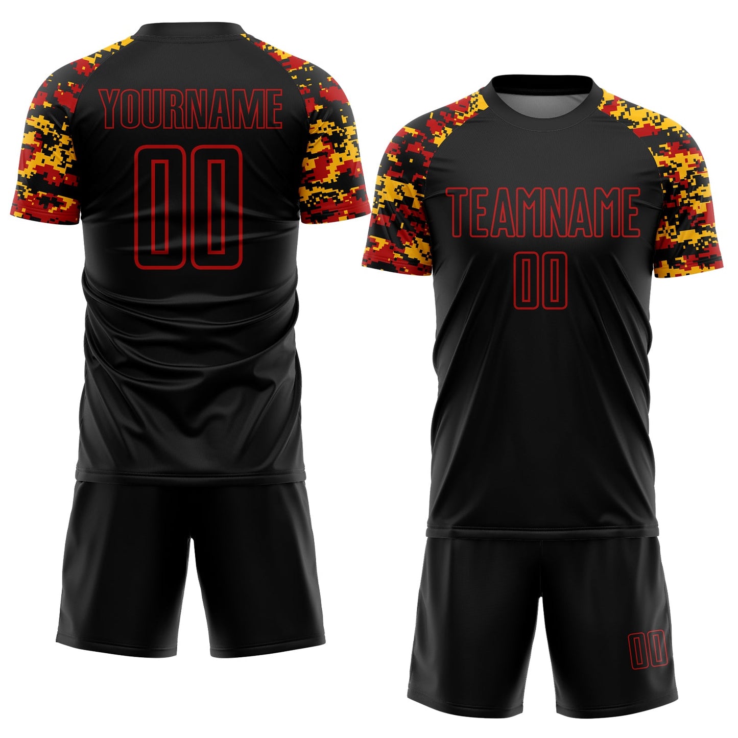 Custom Black Red-Gold Digital Camo Raglan Sleeves Sublimation Soccer Uniform Jersey view 2