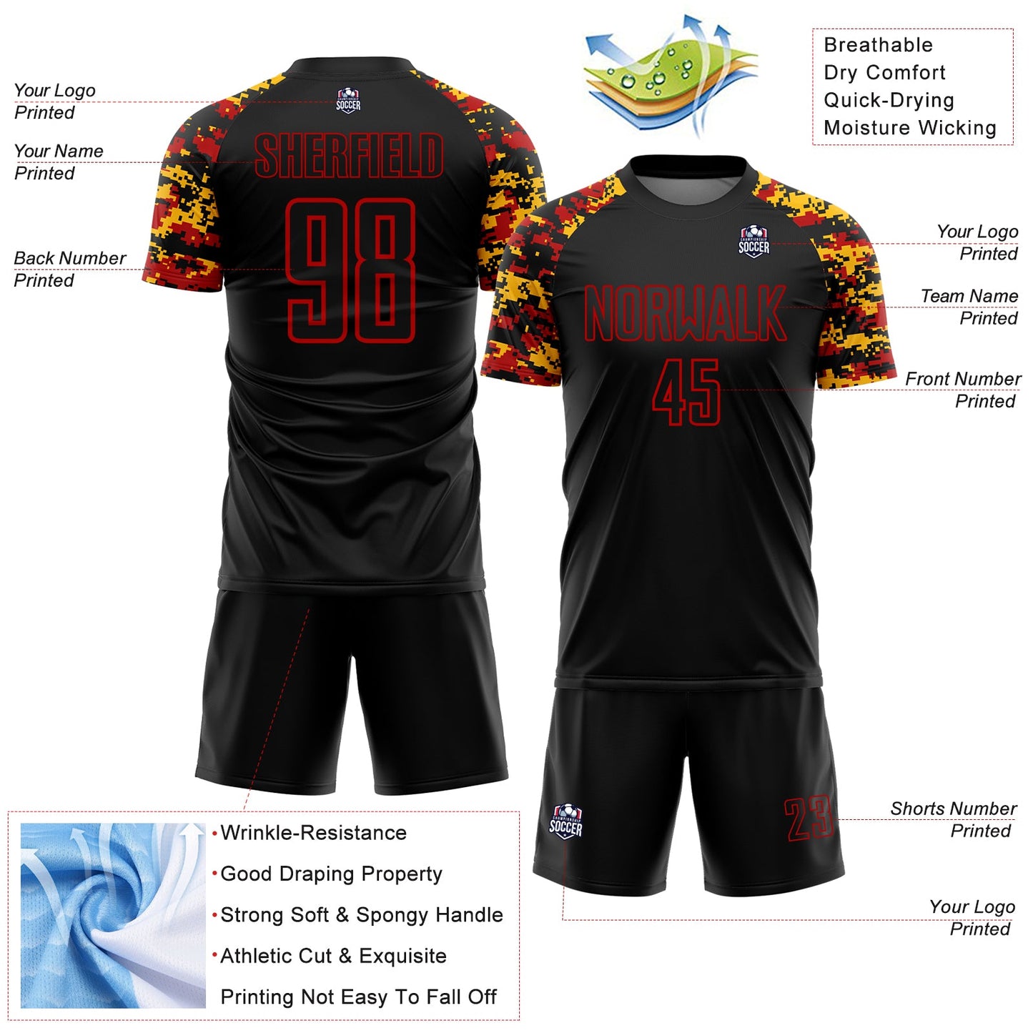 Custom Black Red-Gold Digital Camo Raglan Sleeves Sublimation Soccer Uniform Jersey view 4