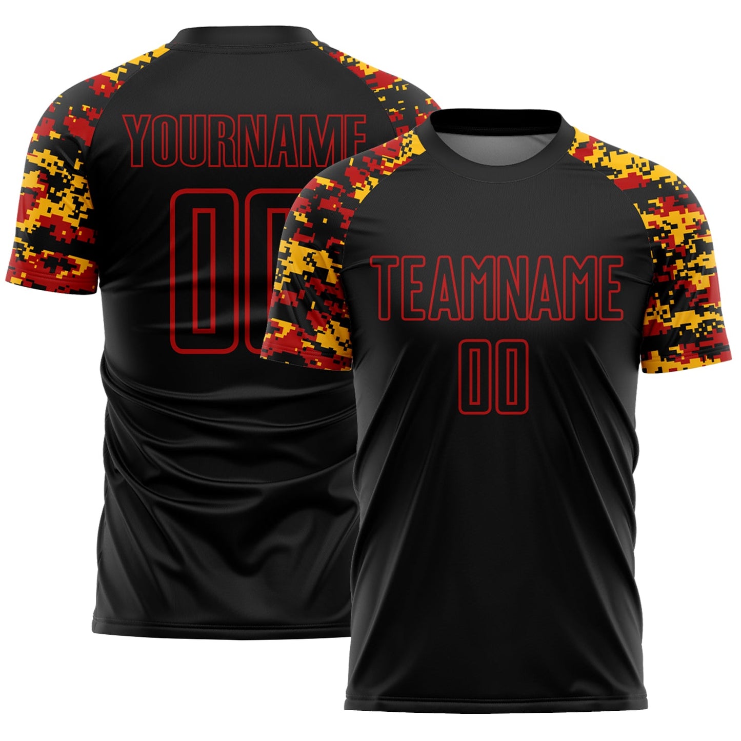 Custom Black Red-Gold Digital Camo Raglan Sleeves Sublimation Soccer Uniform Jersey - Main View