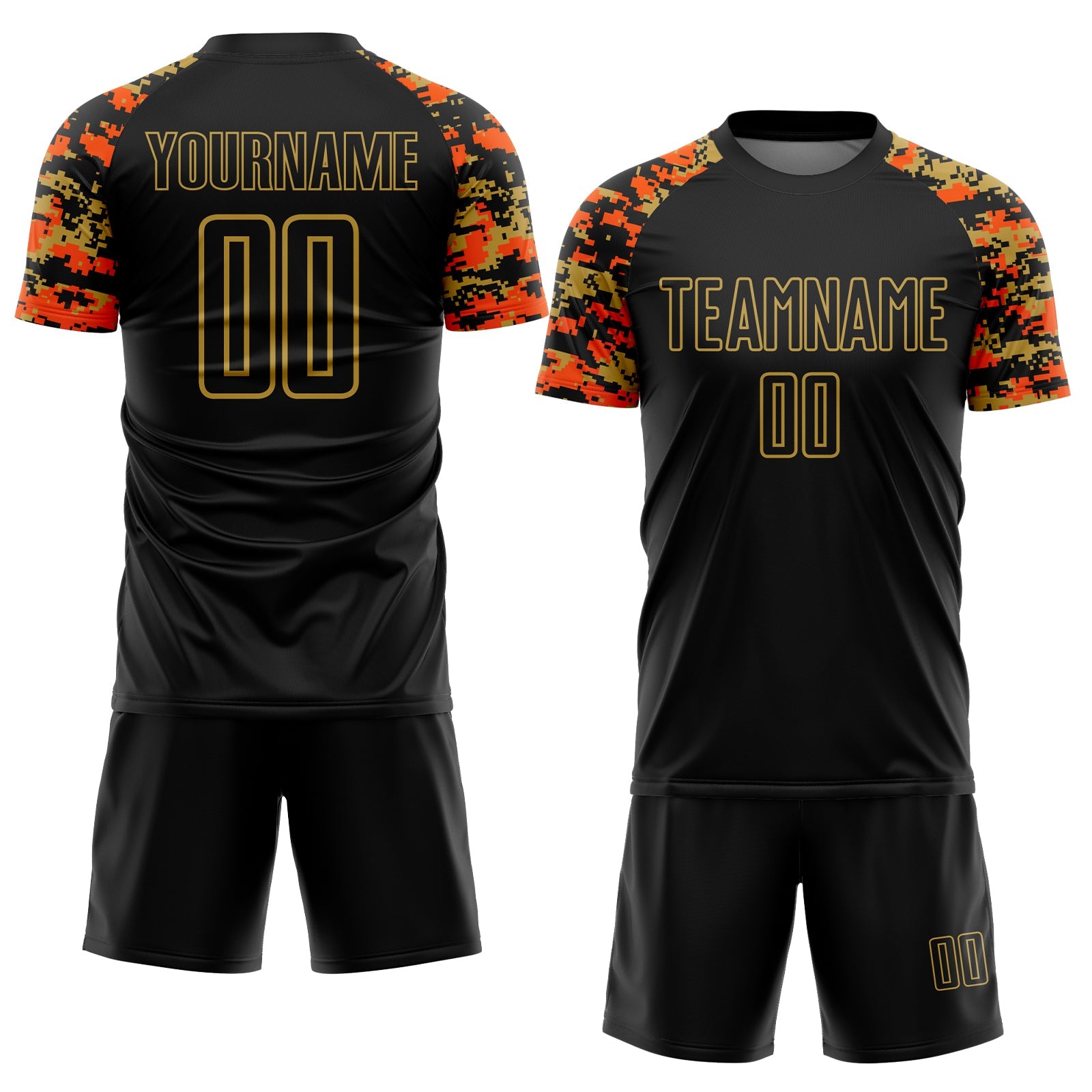 Custom Black Orange-Old Gold Digital Camo Raglan Sleeves Sublimation Soccer Uniform Jersey view 2