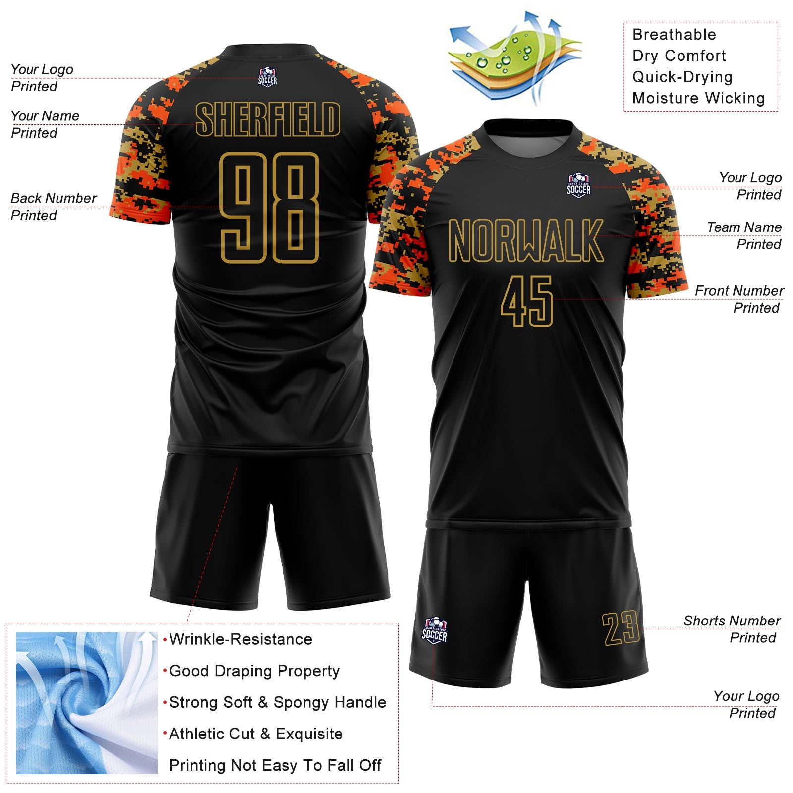 Custom Black Orange-Old Gold Digital Camo Raglan Sleeves Sublimation Soccer Uniform Jersey view 4