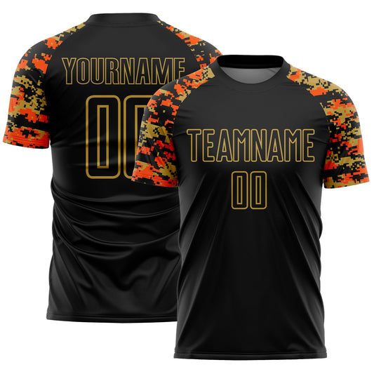 Custom Black Orange-Old Gold Digital Camo Raglan Sleeves Sublimation Soccer Uniform Jersey - Main View