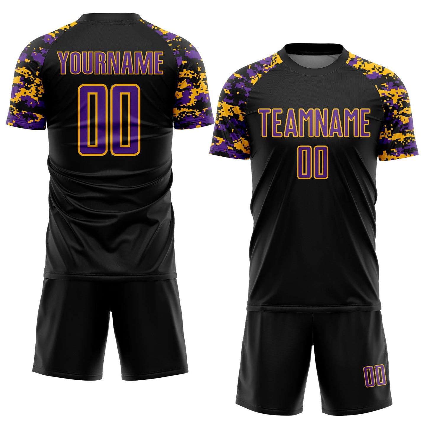 Custom Black Purple-Gold Digital Camo Raglan Sleeves Sublimation Soccer Uniform Jersey view 2