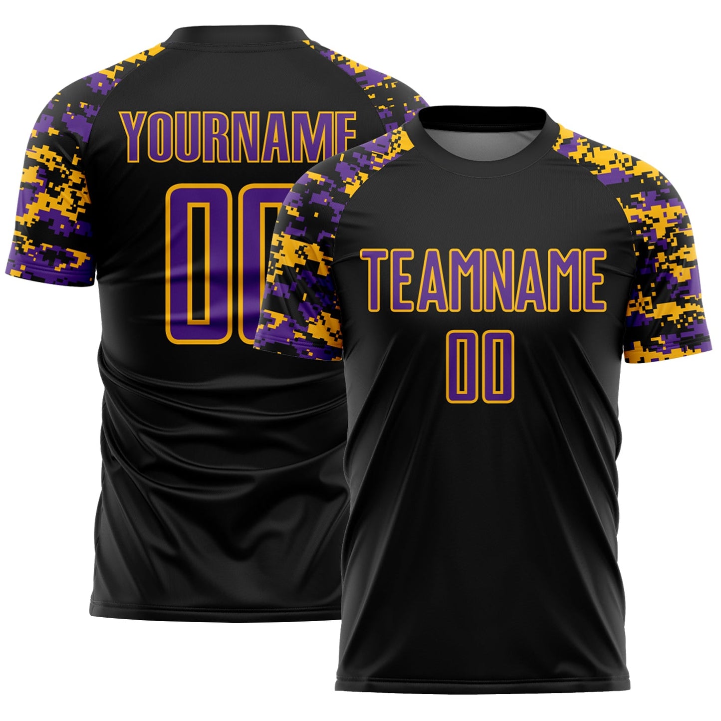 Custom Black Purple-Gold Digital Camo Raglan Sleeves Sublimation Soccer Uniform Jersey - Main View
