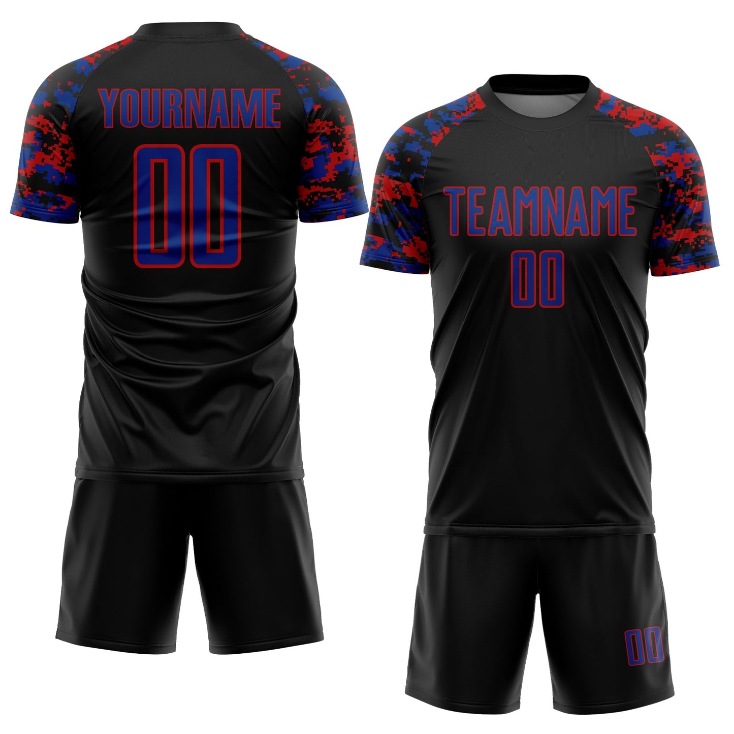 Custom Black Royal-Red Digital Camo Raglan Sleeves Sublimation Soccer Uniform Jersey view 2