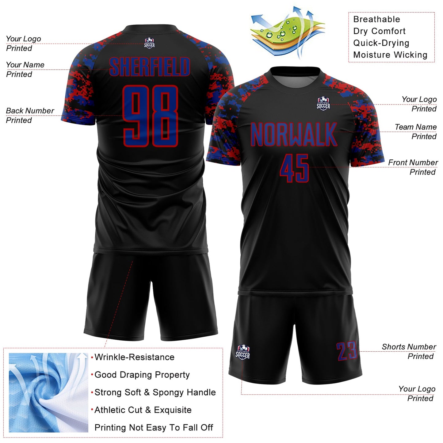 Custom Black Royal-Red Digital Camo Raglan Sleeves Sublimation Soccer Uniform Jersey view 4