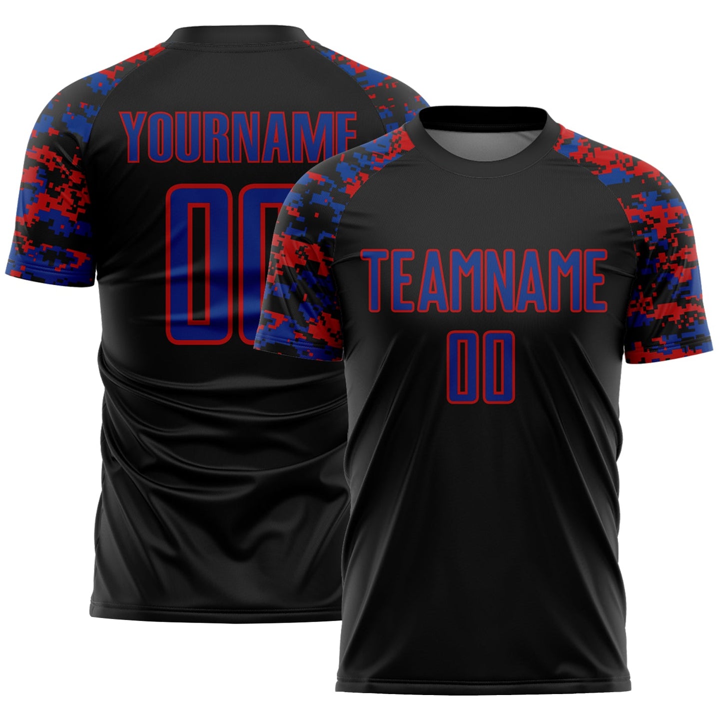 Custom Black Royal-Red Digital Camo Raglan Sleeves Sublimation Soccer Uniform Jersey - Main View