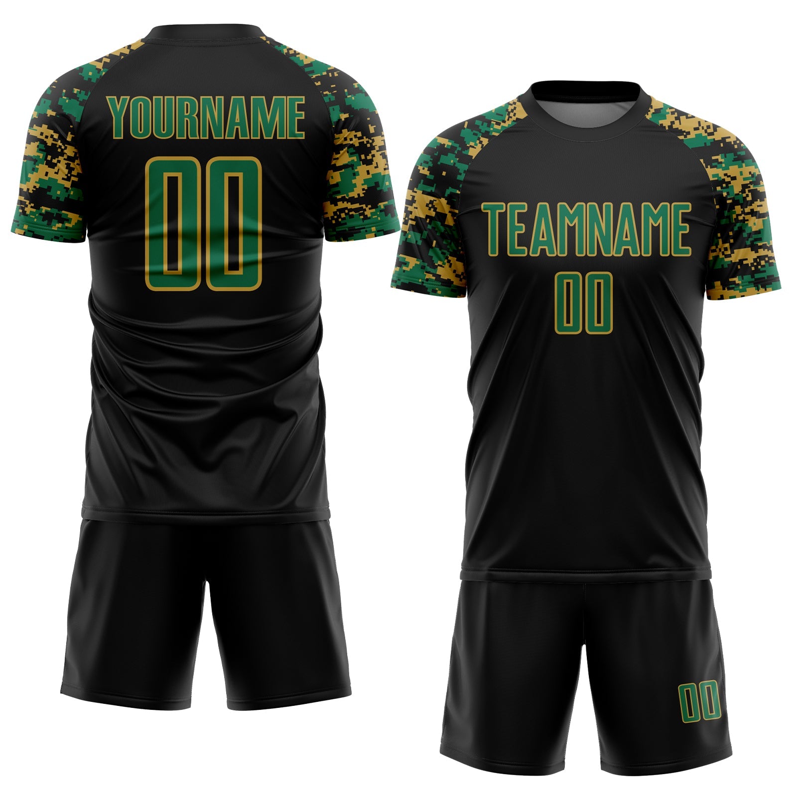 Custom Black Kelly Green-Old Gold Digital Camo Raglan Sleeves Sublimation Soccer Uniform Jersey view 2