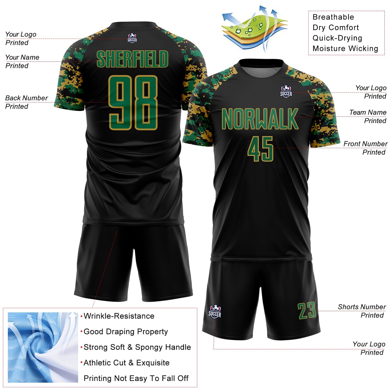 Custom Black Kelly Green-Old Gold Digital Camo Raglan Sleeves Sublimation Soccer Uniform Jersey view 4