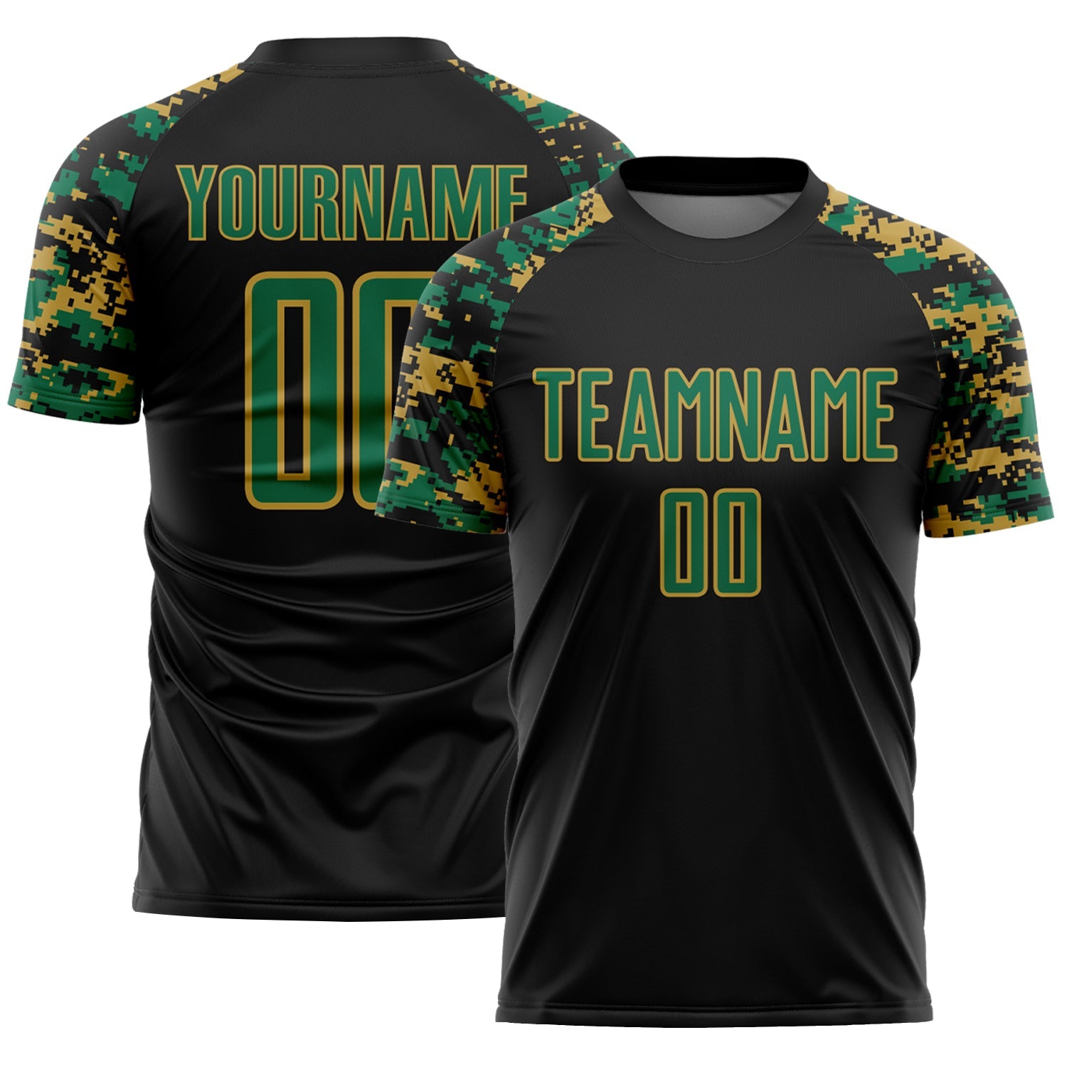 Custom Black Kelly Green-Old Gold Digital Camo Raglan Sleeves Sublimation Soccer Uniform Jersey - Main View