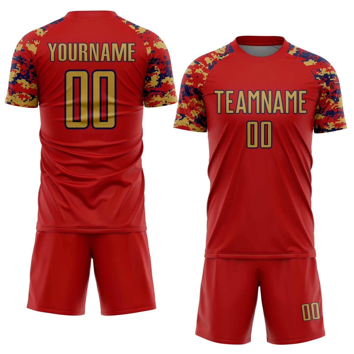 Custom Red Old Gold-Navy Digital Camo Raglan Sleeves Sublimation Soccer Uniform Jersey view 2