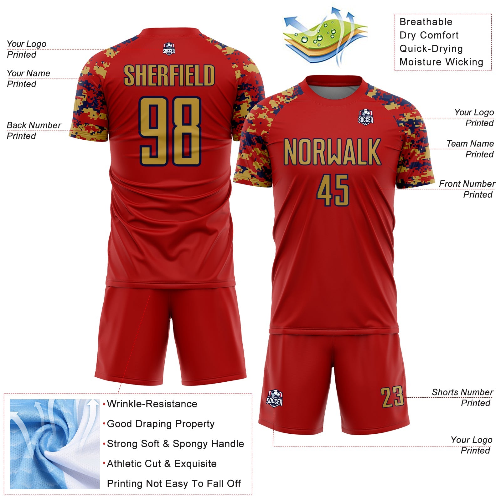 Custom Red Old Gold-Navy Digital Camo Raglan Sleeves Sublimation Soccer Uniform Jersey view 4
