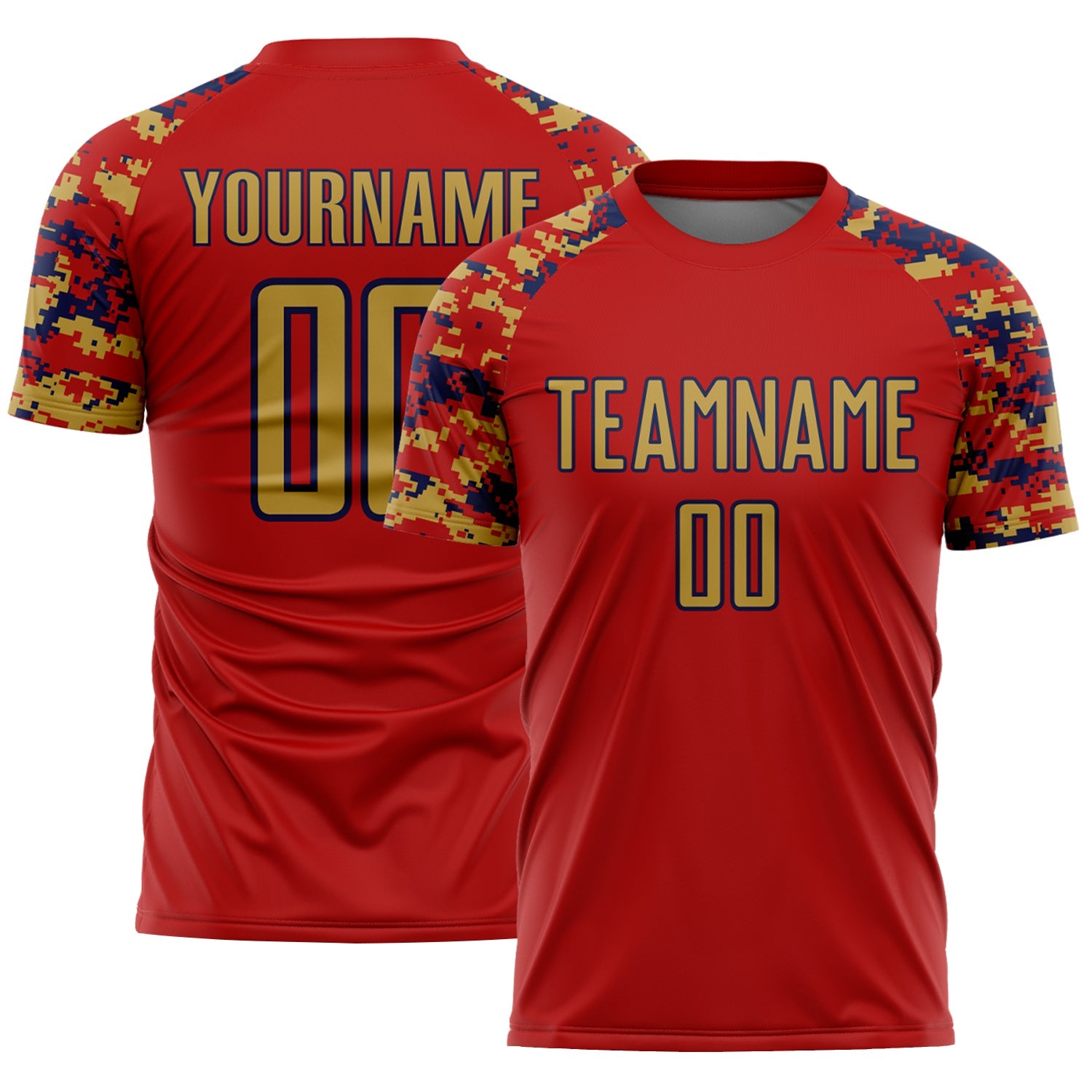 Custom Red Old Gold-Navy Digital Camo Raglan Sleeves Sublimation Soccer Uniform Jersey - Main View