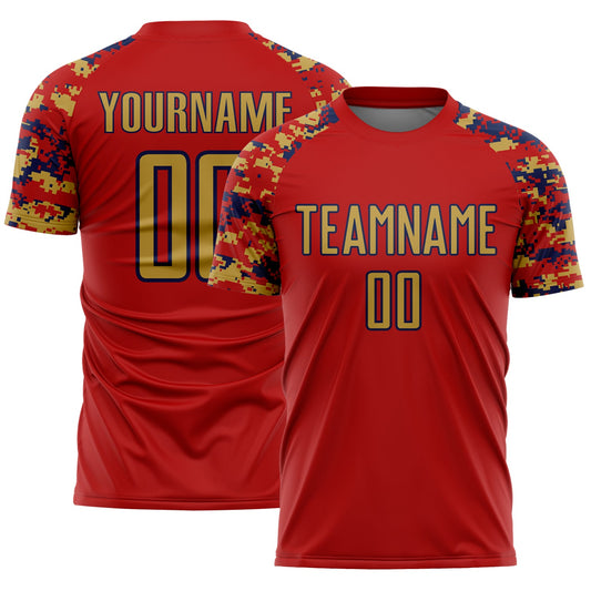 Custom Red Old Gold-Navy Digital Camo Raglan Sleeves Sublimation Soccer Uniform Jersey - Main View