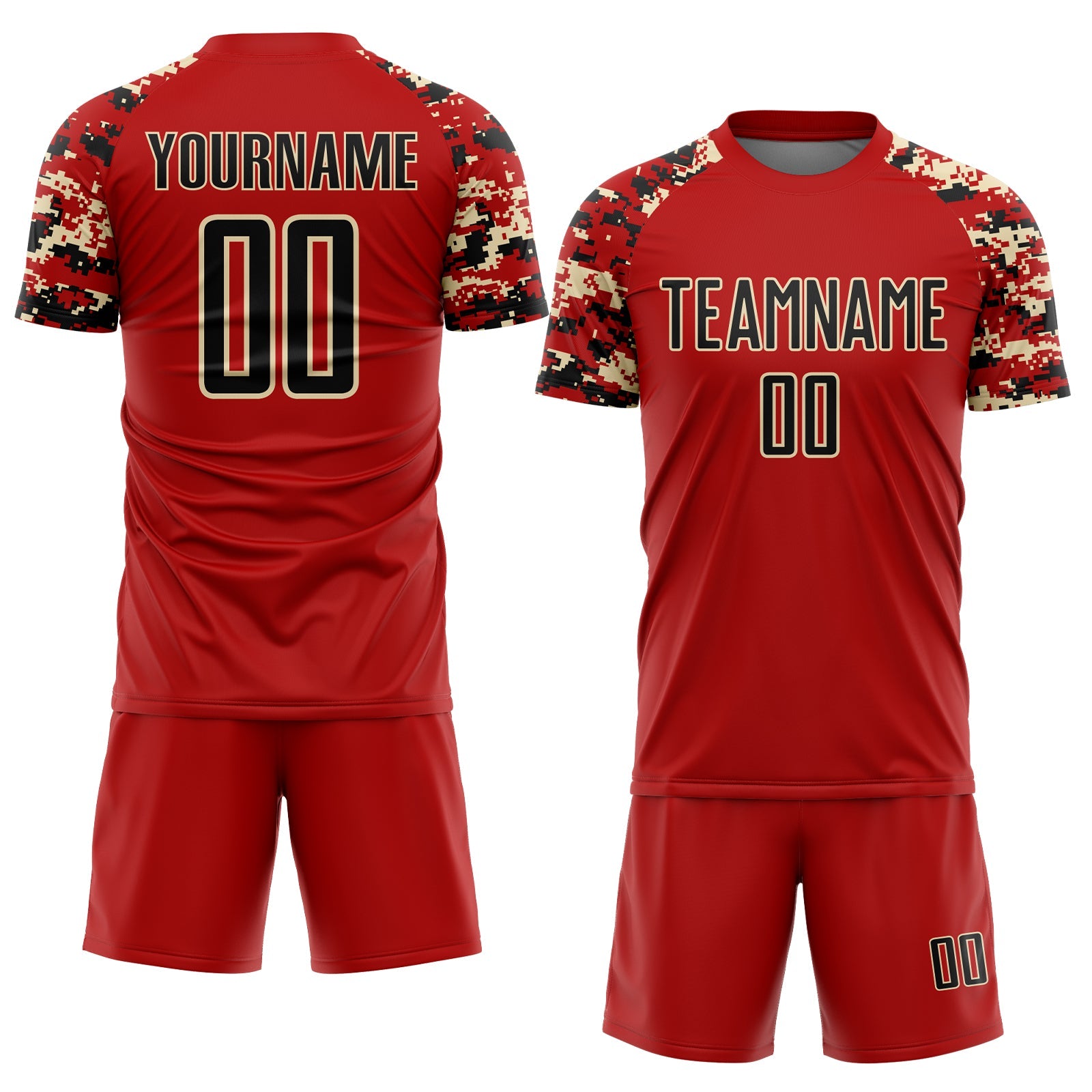 Custom Red Black-Cream Digital Camo Raglan Sleeves Sublimation Soccer Uniform Jersey view 2