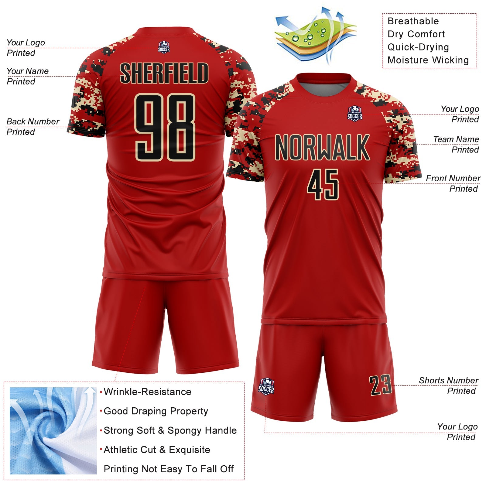 Custom Red Black-Cream Digital Camo Raglan Sleeves Sublimation Soccer Uniform Jersey view 4
