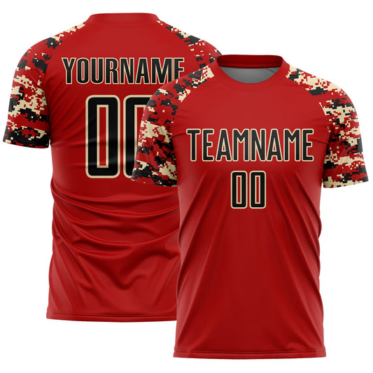 Custom Red Black-Cream Digital Camo Raglan Sleeves Sublimation Soccer Uniform Jersey - Main View
