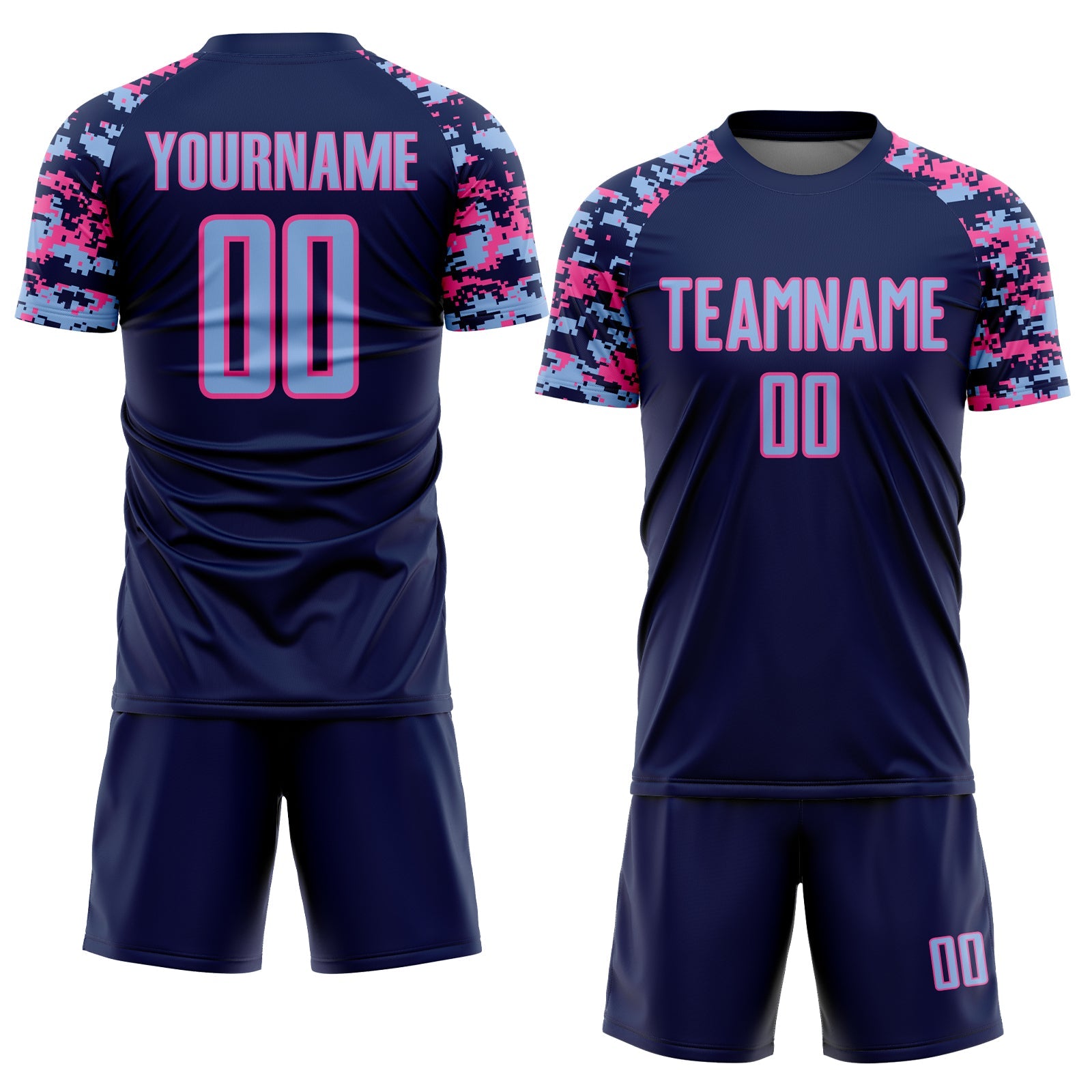 Custom Navy Light Blue-Pink Digital Camo Raglan Sleeves Sublimation Soccer Uniform Jersey view 2
