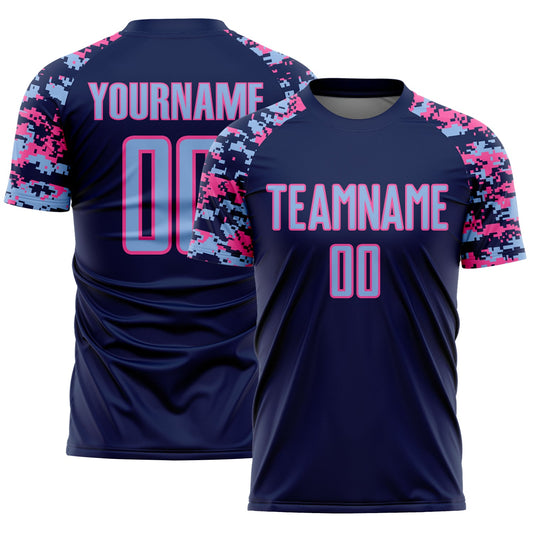 Custom Navy Light Blue-Pink Digital Camo Raglan Sleeves Sublimation Soccer Uniform Jersey - Main View